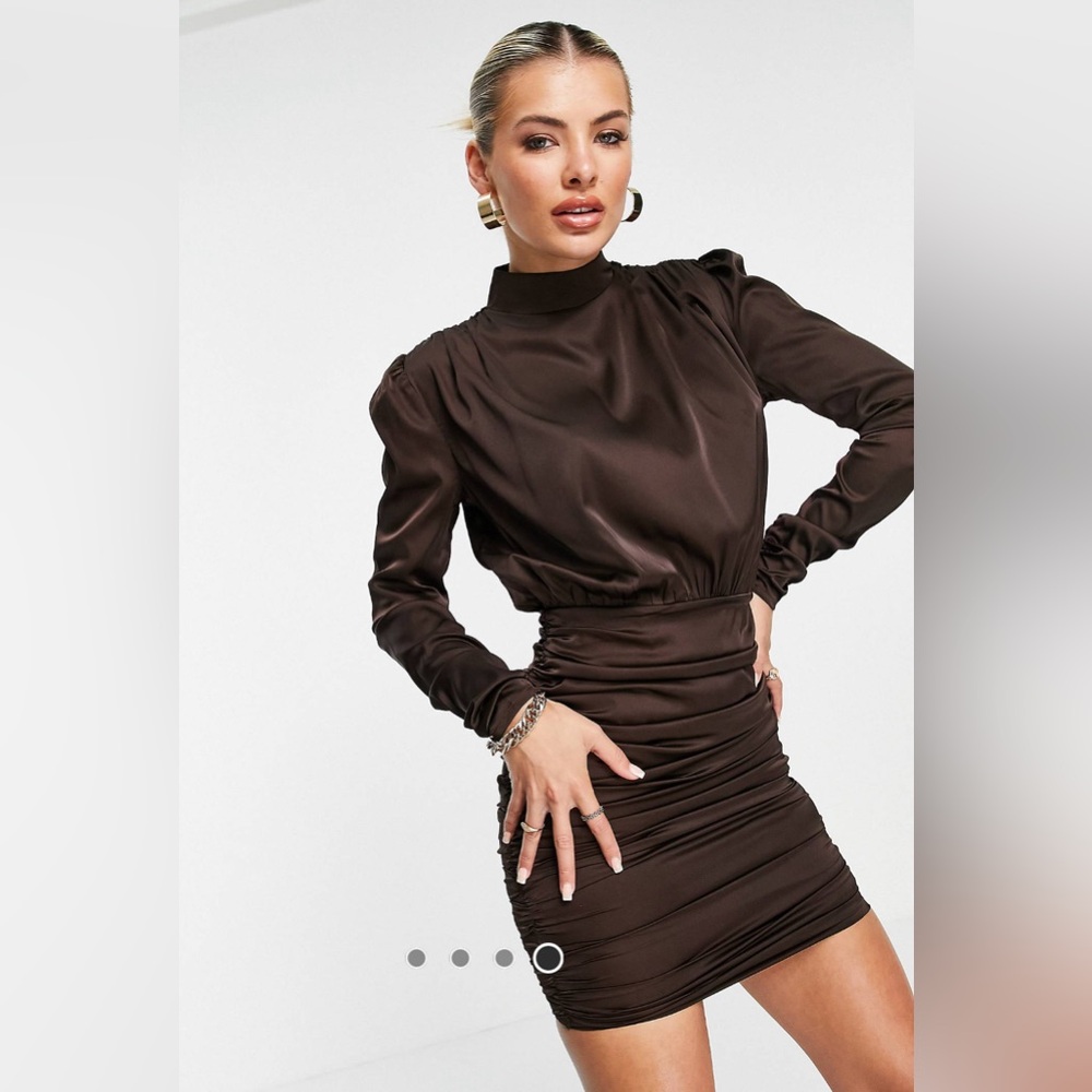 RARE LONDON!!! Ruched satin mini dress with high neck in brown; Size: 8